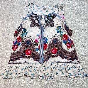 Bila Embroidered Floral Paisley Ruffle Tank Size XL Flowy Colorful Boho Festival